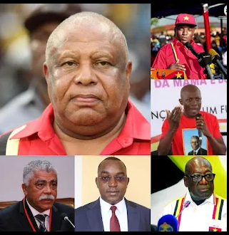 Colagem de fotografias mostrando seis figuras políticas masculinas ligadas ao MPLA. Em destaque, no canto superior esquerdo, um plano aproximado do General Higino Carneiro. As outras imagens mostram militantes em atos públicos, alguns usando vestuário vermelho com as cores do partido, e outros em retratos oficiais de fato e gravata.