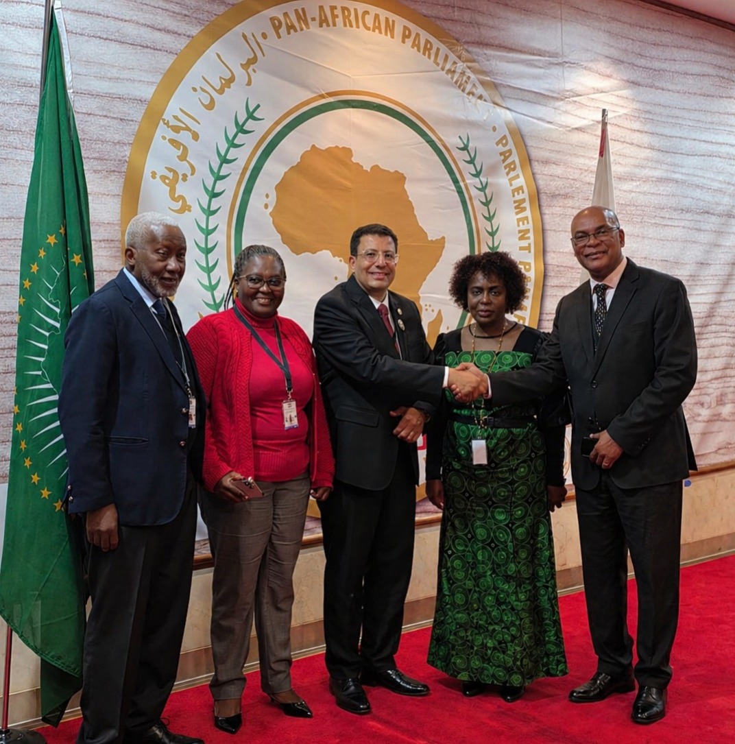 Uma delegação oficial composta por cinco pessoas posa em frente a um painel com o logótipo oficial do Parlamento Pan-Africano. Ao centro, dois homens trocam um aperto de mão formal. À esquerda, vê-se a bandeira da União Africana (verde com estrelas amarelas). Os membros vestem trajes formais e profissionais, incluindo fatos e um vestido longo de padrão tradicional africano verde