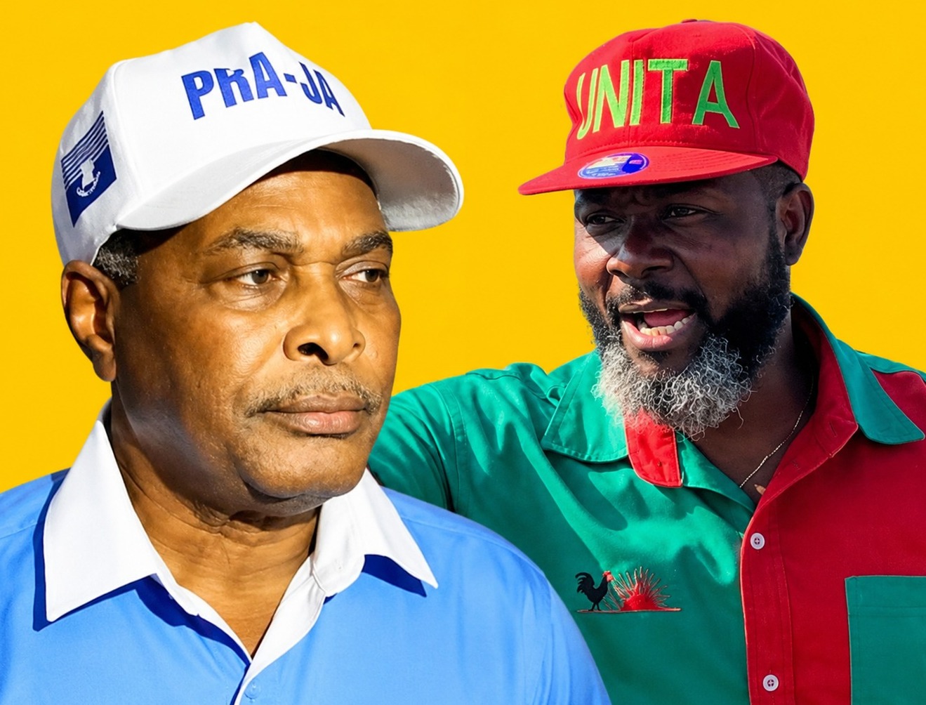 Montagem política mostrando Abel Chivukuvuku e Adriano Sapinala em destaque durante debate sobre tensões entre PRA-JA e UNITA em Angola.