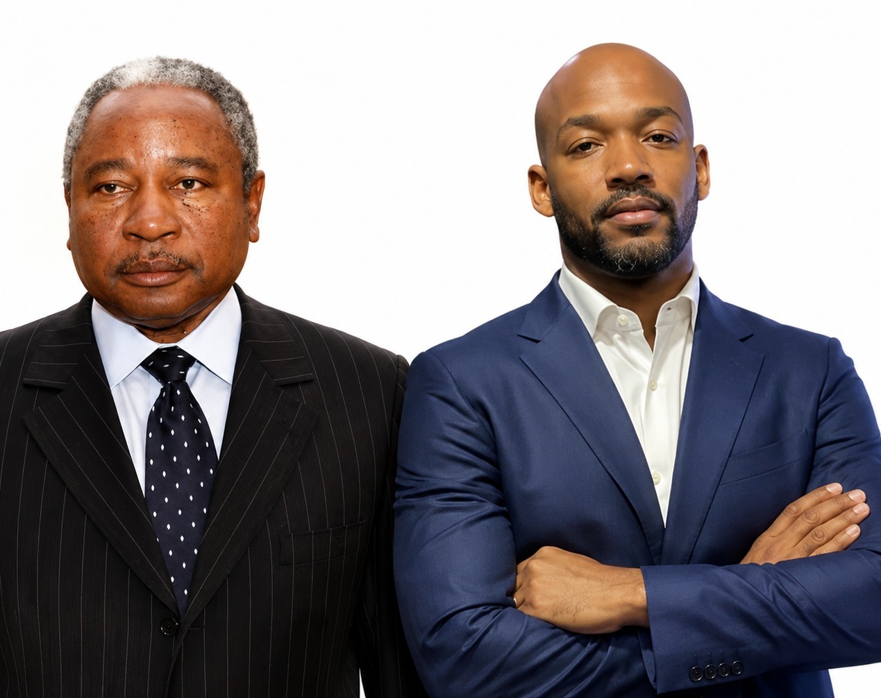 Montagem com duas figuras masculinas em trajes formais associadas a debate político e económico sobre alegados desvios de fundos públicos em Angola.
