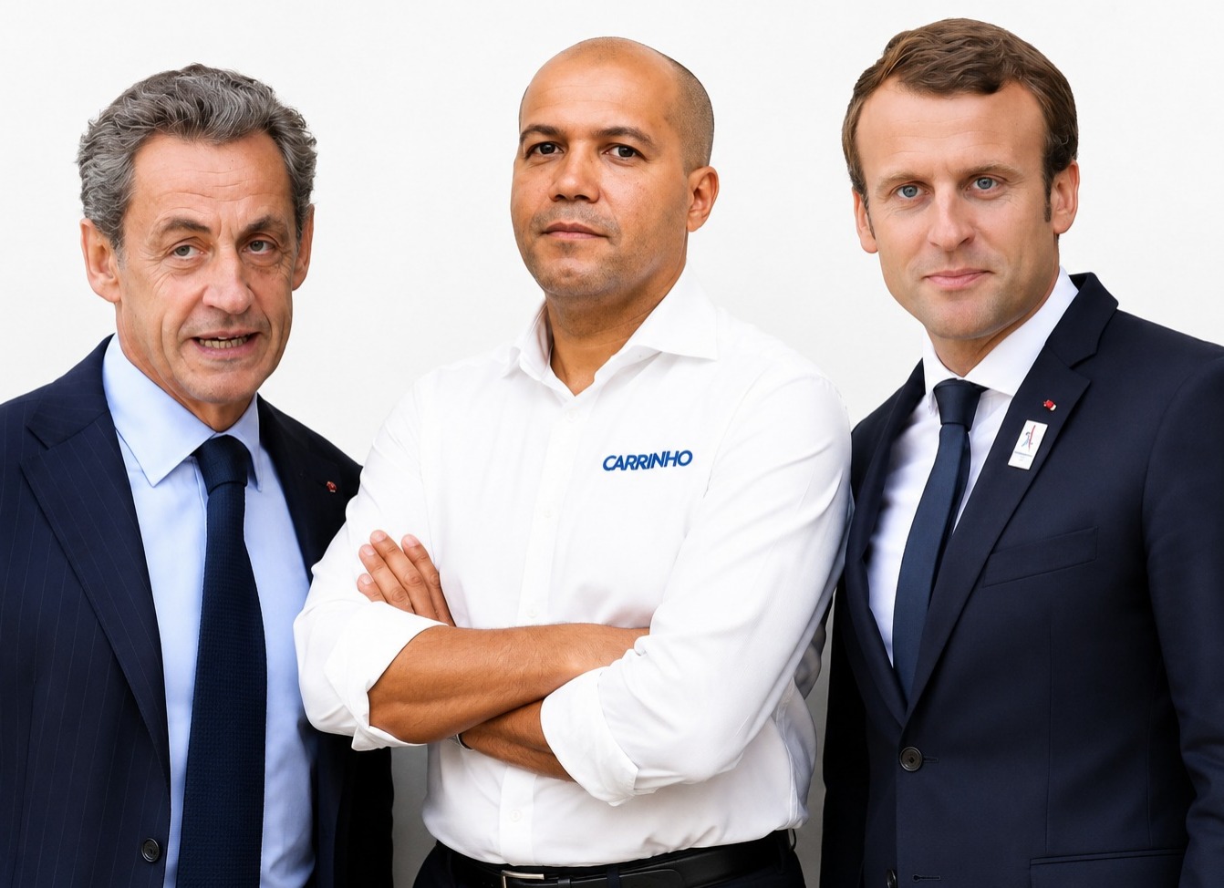 Montagem fotográfica com Nelson Carrinho ao centro, entre Emmanuel Macron e Nicolas Sarkozy, em fundo branco de estilo institucional e político.