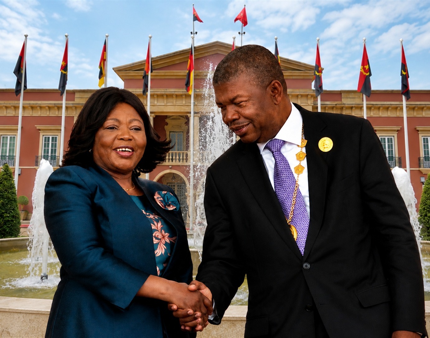O Presidente angolano João Lourenço aperta a mão da actual Vice-Presidente de Angola, Esperança da Costa, diante do Palácio Presidencial, num cenário associado ao debate político sobre sucessão e eventual continuidade no poder